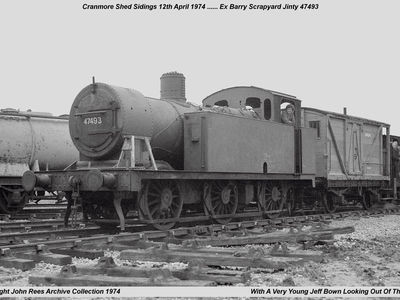 12th April 1974. One of the first locos to be given a general overhaul was  ex Barry scrapyard 0-6-0 Jinty 47493 -owned by Barry Buckfield. Driver Wilf Wilds with Jeff Bown looking out of the cab.